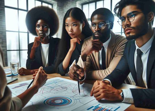 High-definition, realistic image of a group of social advocates, including a black female representative, an Asian male advocate, and a Hispanic male representative, in the middle of a meeting. They are surrounded by diagrams, maps and charts. They're having a serious discussion about implementing safety measures for large electric vehicles. Their determination and dedication to the cause are clearly visible on their faces.