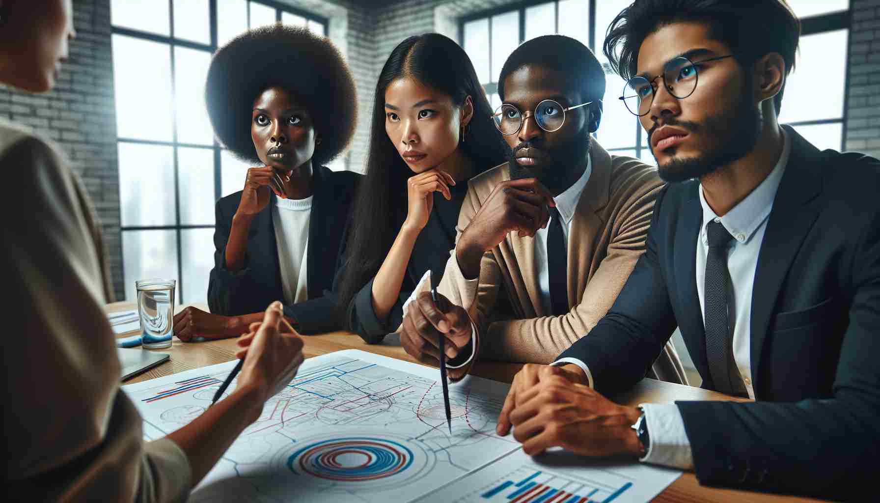 High-definition, realistic image of a group of social advocates, including a black female representative, an Asian male advocate, and a Hispanic male representative, in the middle of a meeting. They are surrounded by diagrams, maps and charts. They're having a serious discussion about implementing safety measures for large electric vehicles. Their determination and dedication to the cause are clearly visible on their faces.