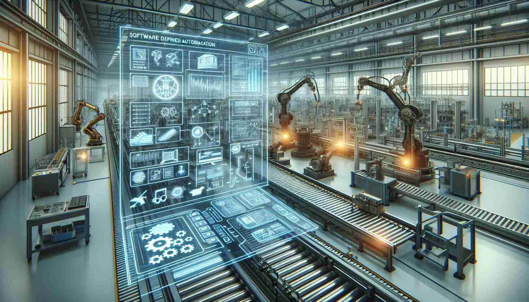 Image of an advanced industrial setting illustrating the revolutionary aspect of Software Defined Automation (SDA). Picture high-tech machinery operating smoothly, controlled by complex software systems. The image emphasis should be on machines and software interfaces working together seamlessly to improve efficiency. Vital components such as conveyor belts, robotic arms, and touchscreen control panels are involved, all running synchronously under the guidance of the software automation. The environment is well-lighted and organized, showcasing a grand shift from traditional industrial practices to modern, software-driven mechanisms.