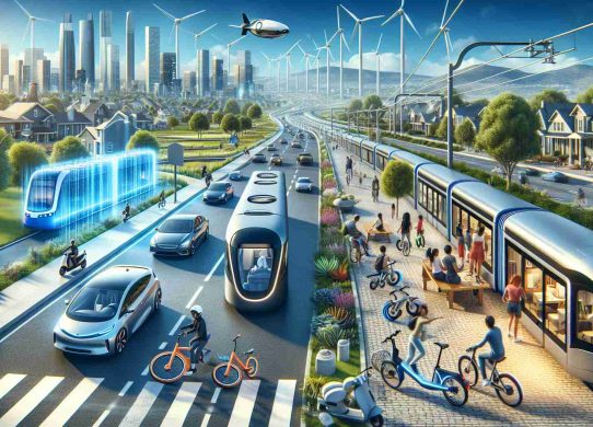 A high-definition, realistic depiction of emerging trends in sustainable transportation. This could include but not limited to, a central city road featuring electric cars of various models and autonomous public buses. Another scene could be a cycling lane filled with commuters on e-bikes and dockless scooters. Possible addition could be a futuristic monorail system in the sky. A suburban area could be shown with families gathered around charging stations for their electric home vehicles. Finally, the background could have wind turbines and solar panel installations, underlining the source of green energy for these transports.