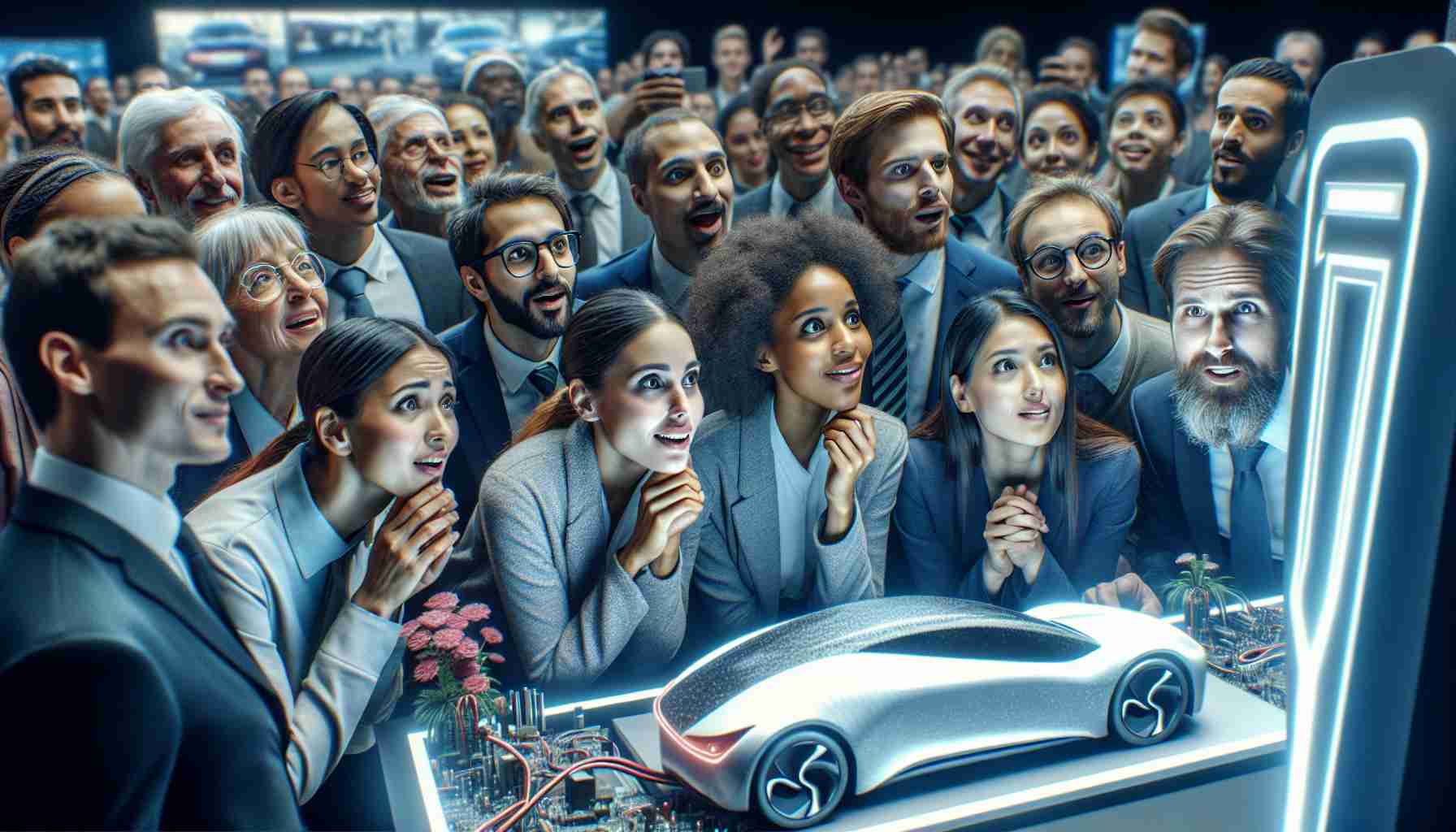 A detailed, high-definition photo depicting the latest electric vehicle technology sparking enthusiasm and optimism among potential consumers. The scene shows a group of diverse people, ranging from a black woman to a Middle Eastern man, all with intrigued and hopeful expressions as they gather around a technological display of electric vehicle innovations. Their fascinating interaction with the cutting-edge technology provides a visual narrative of the transformative impact electric vehicles are having on transportation.