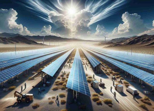 High definition, realistic image of a breakthrough in energy: a new solar energy project located in a rural region of Nevada. The scene captures sprawling solar panel arrays set against the arid, uncultivated backdrop. Overhead, a clear, intensely blue sky amplifies the stark contrast between man-made technology and the challenging environment. Foreground details include tech workers of various gender and descents such as Caucasian, Hispanic, and Black, working diligently, capturing the essence of human ambition and environmental sustainability.