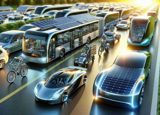 Realistically rendered high-definition image of innovative solar-powered vehicles that are revolutionizing the market. Show a variety of vehicles such as cars, buses, and bikes, all harnessing the power of sunlight with advanced technology visible on their surfaces, like shiny solar panels and streamlined designs. The vehicles are in motion, symbolizing their active status in transforming the automotive industry. Include elements to highlight the context of forward-thinking green technology, like a vibrant sunny background signifying the source of their energy.