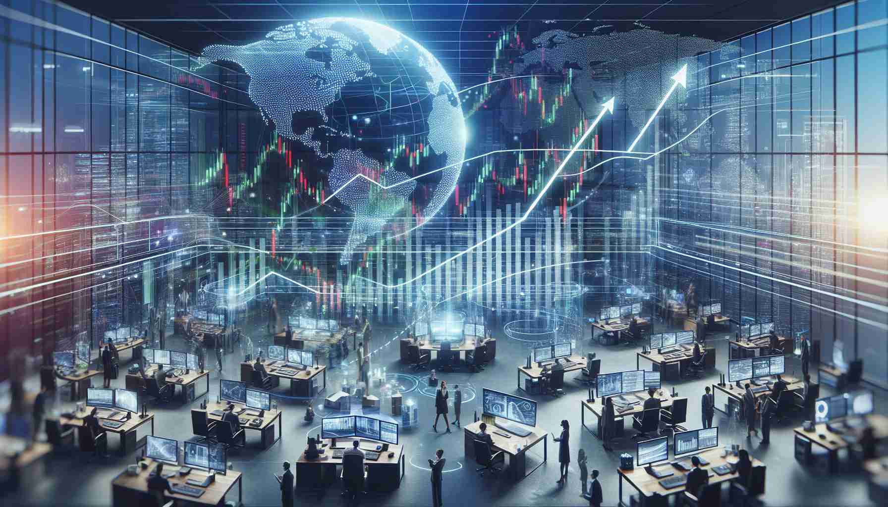 A high-definition, realistic image of a bustling scene from the energy industry. Visualize a major company expanding its financial resources through strategic sales. Show a metaphorical representation of this with graphs indicating upward trends and stocks being promoted heavily. Incorporate elements such as modern, high-tech corporate offices, employees discussing strategies, and digital screens displaying stock market information. Imagine the hectic but organized atmosphere, manifesting the company's progress and growth.