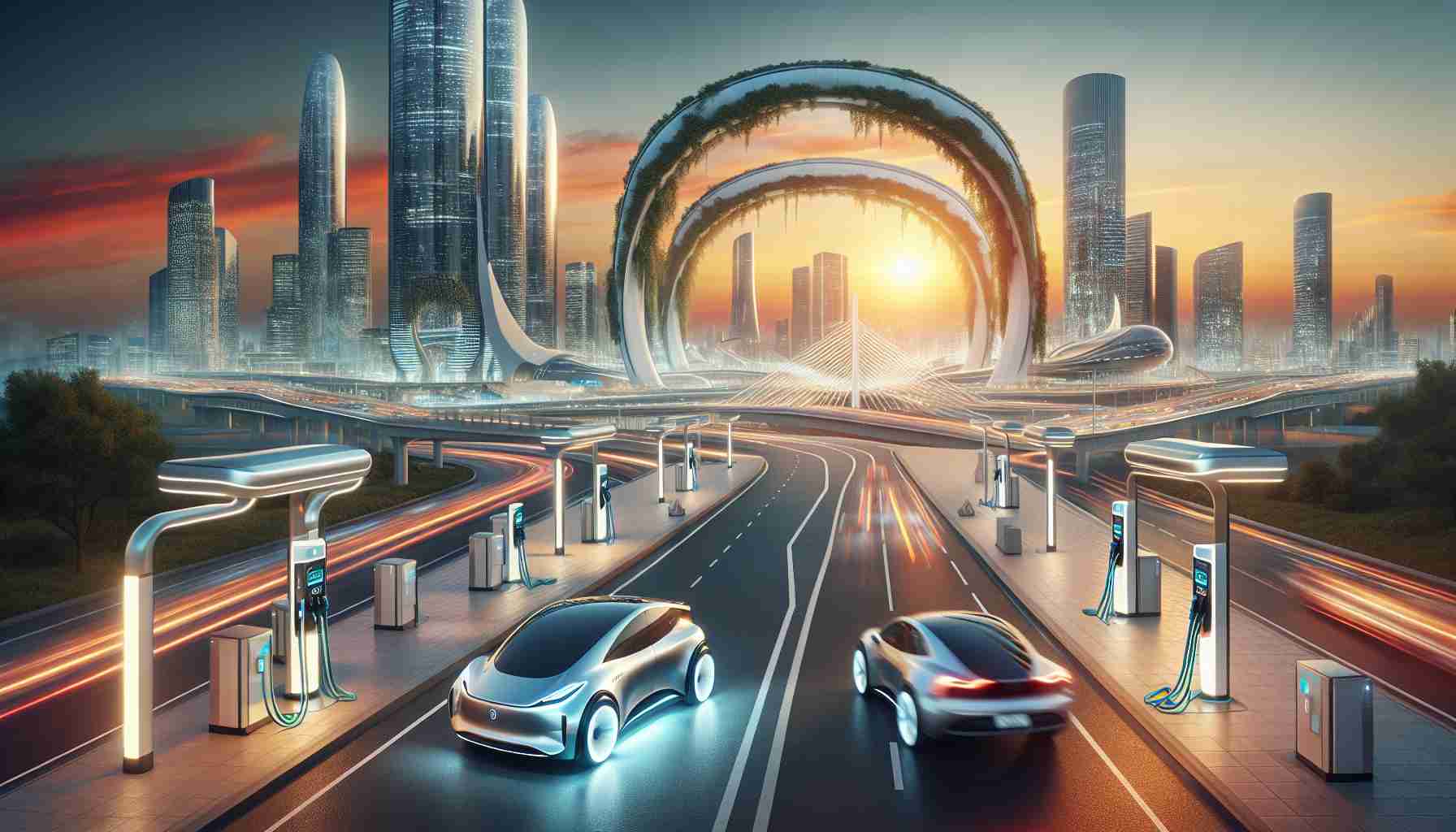 Generate a realistic and high-definition image illustrating the future of transportation, specifically focusing on the rise of electric vehicles. The scene should depict an advanced cityscape with eco-friendly infrastructure, charging stations, and modern electric cars traversing the roads. Add a backdrop of a warm sunrise to hint at the new dawn for electric vehicles. The overall atmosphere should exude a sense of hopefulness and progress towards a more sustainable future.