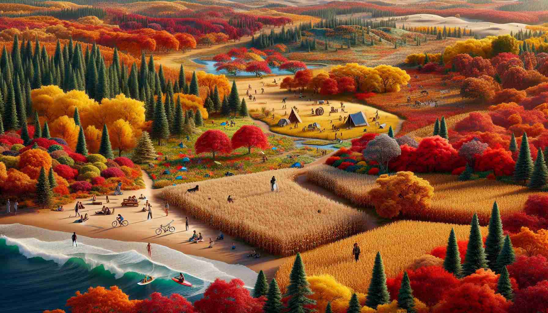 A hyperrealistic, high-definition depiction of autumn's splendor across the United States. Visualize the majestic fall foliage scattered across landscapes. The Northeast boasts lush maple trees, the leaves turning a brilliant mix of red, yellow, and orange. In the Midwest, observe golden cornfields rippling in the breeze. Out West, envision the high desert changing colors, blanketed by sagebrush displaying hues of rich mahogany and muted greens. The South's cypress tress are laden with fiery red leaves. A wide variety of people are present, enjoying this season's beauty, including a Black surfer catching waves on California's coast, a Hispanic family picnicking in a New England forest, a South Asian couple cycling in Illinois, and a Middle-Eastern photographer capturing a sunset in Texas.