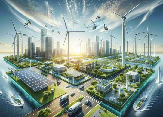 Create a detailed and realistic high-definition image that represents the concept of revolutionizing sustainable energy solutions. This scene should include various forms of green technology, such as an architecturally advanced solar panel field with sunlight shining down, an offshore wind farm harnessing wind power, and an electric vehicle charging station with vehicles plugged in. There could also be innovative designs for houses or skyscrapers with integrated green roofs and built-in renewable energy systems. Show the tangible impacts of these solutions on nearby communities in terms of cleaner environment and flourishing nature.