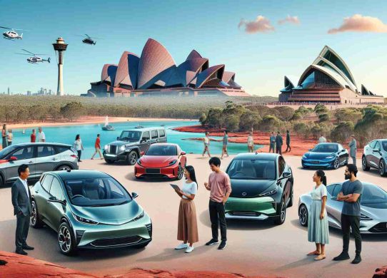 Generate a realistic high-definition image showcasing the new era of affordable electric cars in Australia. Include a variety of models with sleek designs and state-of-the-art technological features parked in scenic outdoor locations. Have iconic Australian backdrops like Uluru, the Sydney Opera House, and the Great Barrier Reef in the background. Also, please show diverse groups of people appreciating these vehicles — an Asian woman examining a green hatchback, a Caucasian man marveling at a red sedan, a Hispanic couple checking out a silver SUV, a Black family gathered around a blue sports car, and a Middle-Eastern gentleman admiring a white luxury model.