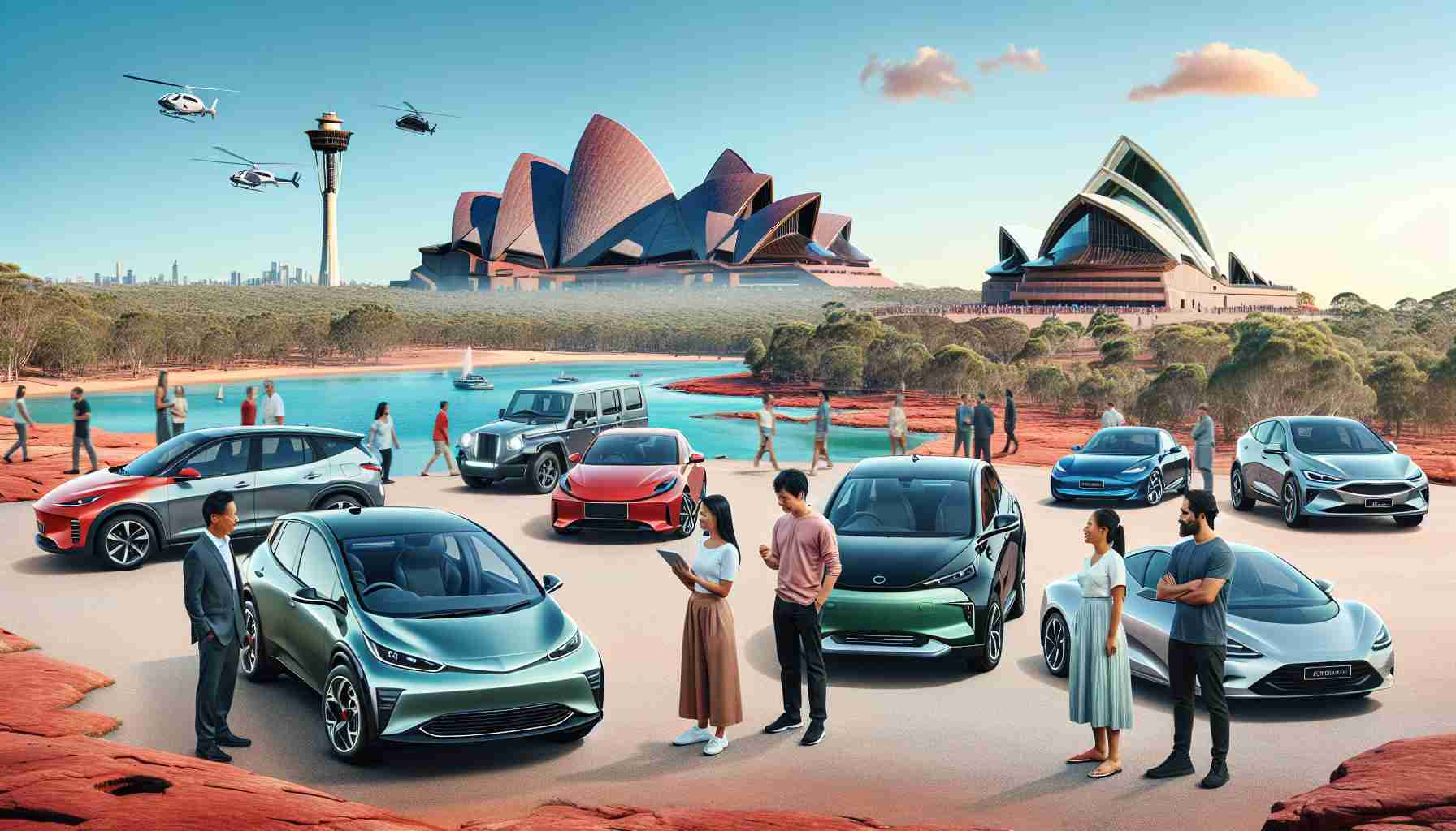 Generate a realistic high-definition image showcasing the new era of affordable electric cars in Australia. Include a variety of models with sleek designs and state-of-the-art technological features parked in scenic outdoor locations. Have iconic Australian backdrops like Uluru, the Sydney Opera House, and the Great Barrier Reef in the background. Also, please show diverse groups of people appreciating these vehicles — an Asian woman examining a green hatchback, a Caucasian man marveling at a red sedan, a Hispanic couple checking out a silver SUV, a Black family gathered around a blue sports car, and a Middle-Eastern gentleman admiring a white luxury model.