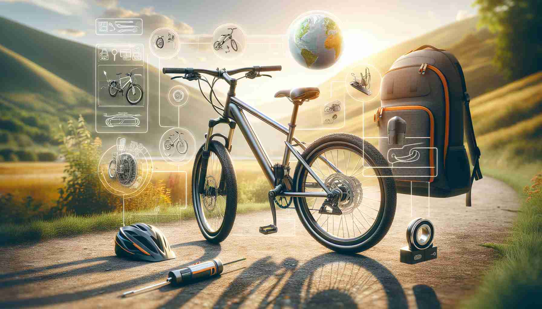 Create a high-definition, realistic image that embodies the concept of 'Exploring the World of Electric Bicycles: A Beginner's Guide'. The image should include a variety of electric bicycles displayed prominently. Furthermore, illustrate elements of a beginner's journey in learning about these bicycles, such as a simple yet informative diagram of the electric bicycle's parts on a side, a checklist of things to consider when purchasing, and an illustration of safety gear. The background could be a serene bike trail, representing the exploration aspect.