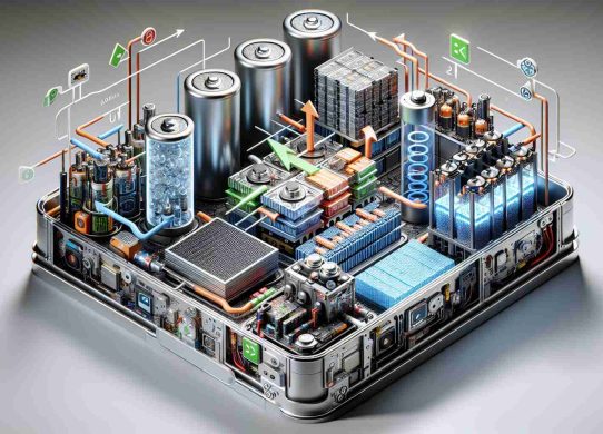 Render a realistic, high-definition image depicting the concept of understanding the impact of material formulation on energy storage devices. Show various types of energy storage devices such as batteries, capacitors, and fuel cells opened up to expose their inner components. Include arrows and annotations to denote the flow of energy and the role of different materials in the device. Make sure the image conveys the complex interplay between different materials and their effects on the device's performance and efficiency.