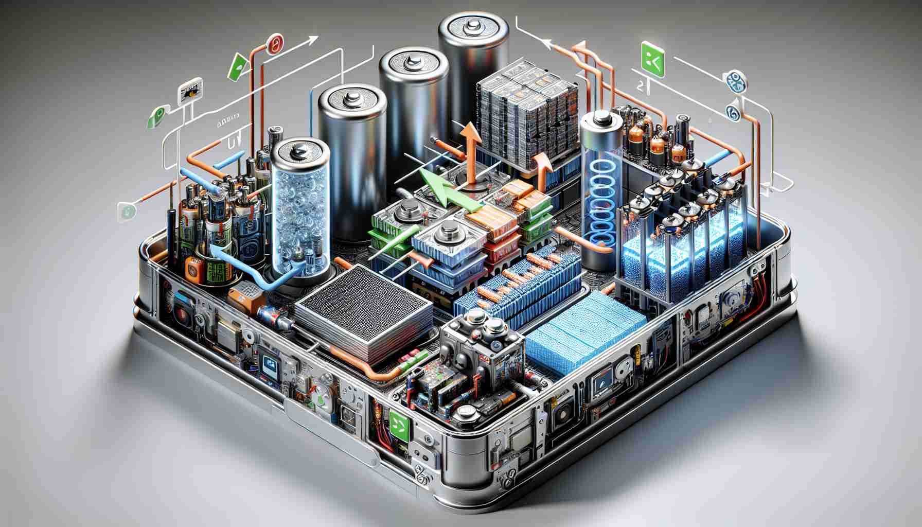 Render a realistic, high-definition image depicting the concept of understanding the impact of material formulation on energy storage devices. Show various types of energy storage devices such as batteries, capacitors, and fuel cells opened up to expose their inner components. Include arrows and annotations to denote the flow of energy and the role of different materials in the device. Make sure the image conveys the complex interplay between different materials and their effects on the device's performance and efficiency.