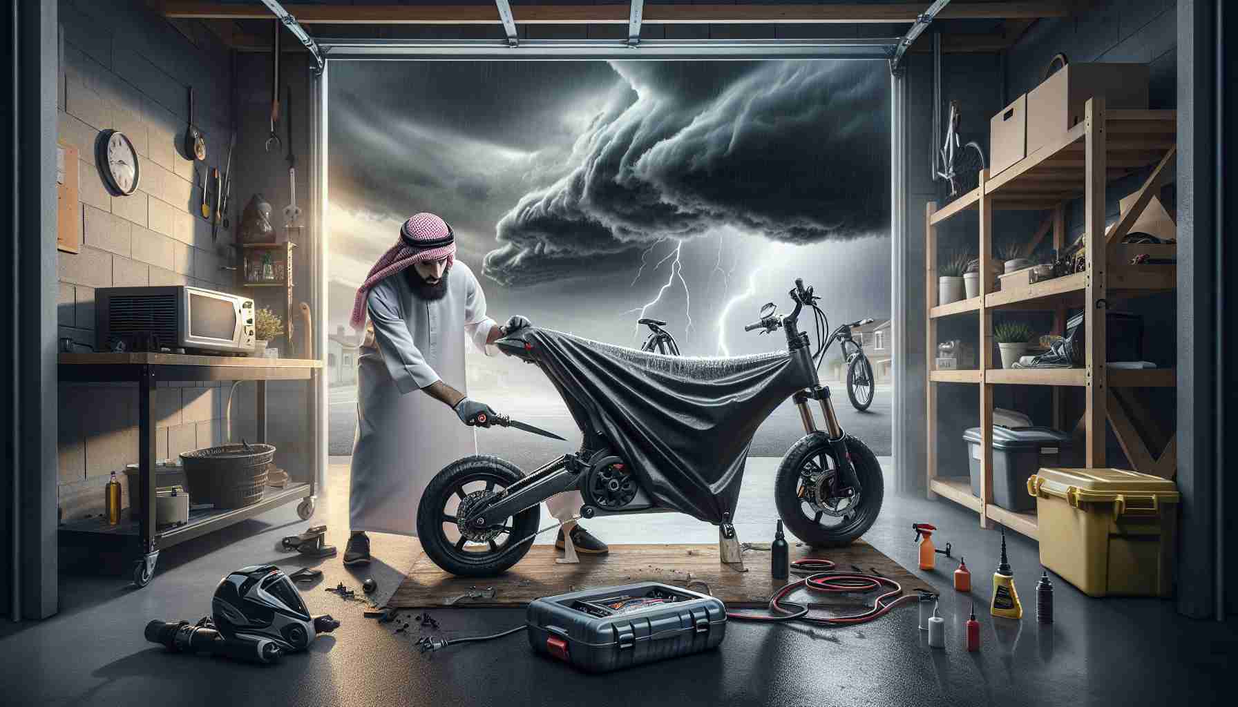 A highly detailed, realistic image embodying the process of preparing an electric bike for an impending storm. The scene showcases a garage space with a middle-eastern man carefully working on the bike. He follows the correct steps including disconnecting and storing the battery, cleaning and lubricating the chains and fastening a waterproof cover over the bike. In the background, ominous dark clouds are gathering, implying the imminent storm. All elements are in high definition, accentuating the sense of realism.