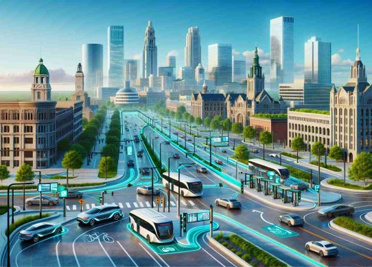 Create a detailed and realistic High-definition image of a futuristic landscape in Sioux Falls. The scene should highlight the use of electric transportation prominently, showcasing modern electric cars and buses seamlessly integrating with city life. Add details showcasing key features of sustainable transport, including charging stations, dedicated lanes for electric vehicles, and digital displays with real-time updates. The skyline should merge the old architectural charm of Sioux Falls with futuristic green buildings, potentially solar-powered. Roads should be clear and efficient, ensuring smooth traffic flow. The sky should be blue and clean, perfectly complementing the theme of a pollution-free future.