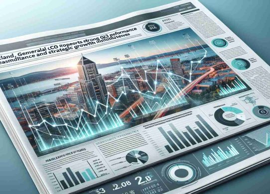 An HD realistic illustration of a newspaper or financial magazine headline, indicating 'Portland General Electric Co Reports Strong Q3 Performance and Strategic Growth Initiatives'. The layout incorporates elements like financial figures, charts showing upward trends, highlighted sections indicating key points of the report, and a cityscape of Portland visible in the background