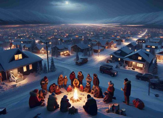 Render a hyper-realistic high-definition photo demonstrating a power outage crisis in Alaska. In this image, depict a snow-covered landscape under a dark sky, devoid of normal city lights, with homes lit only by candlelight and streets illuminated by car headlights. Show Alaskans bundled up against the cold, some gathered around a communal fire for warmth, while others are attempting to fix disconnected power lines. These people should include a diverse mix of races and gender including, but not limited to, Caucasian, Hispanic, Black, Middle-Eastern, South Asian men and women.