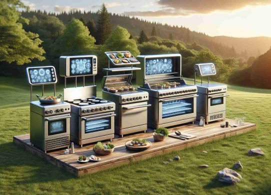 Visualize an innovative culinary setup placed outdoors. It includes state-of-the-art electric cooking devices, showcasing their potential for revolutionizing al fresco cooking. Make the viewer observe multiple modern and sleek designs suggesting energy efficiency, manual controls, digital displays and elegance. This arrangement set amidst a scenic, natural background, demonstrating how this technology blends seamlessly with the environment. Make the image highly defined and real-like, illuminating the attractive details of these advanced cooking systems.