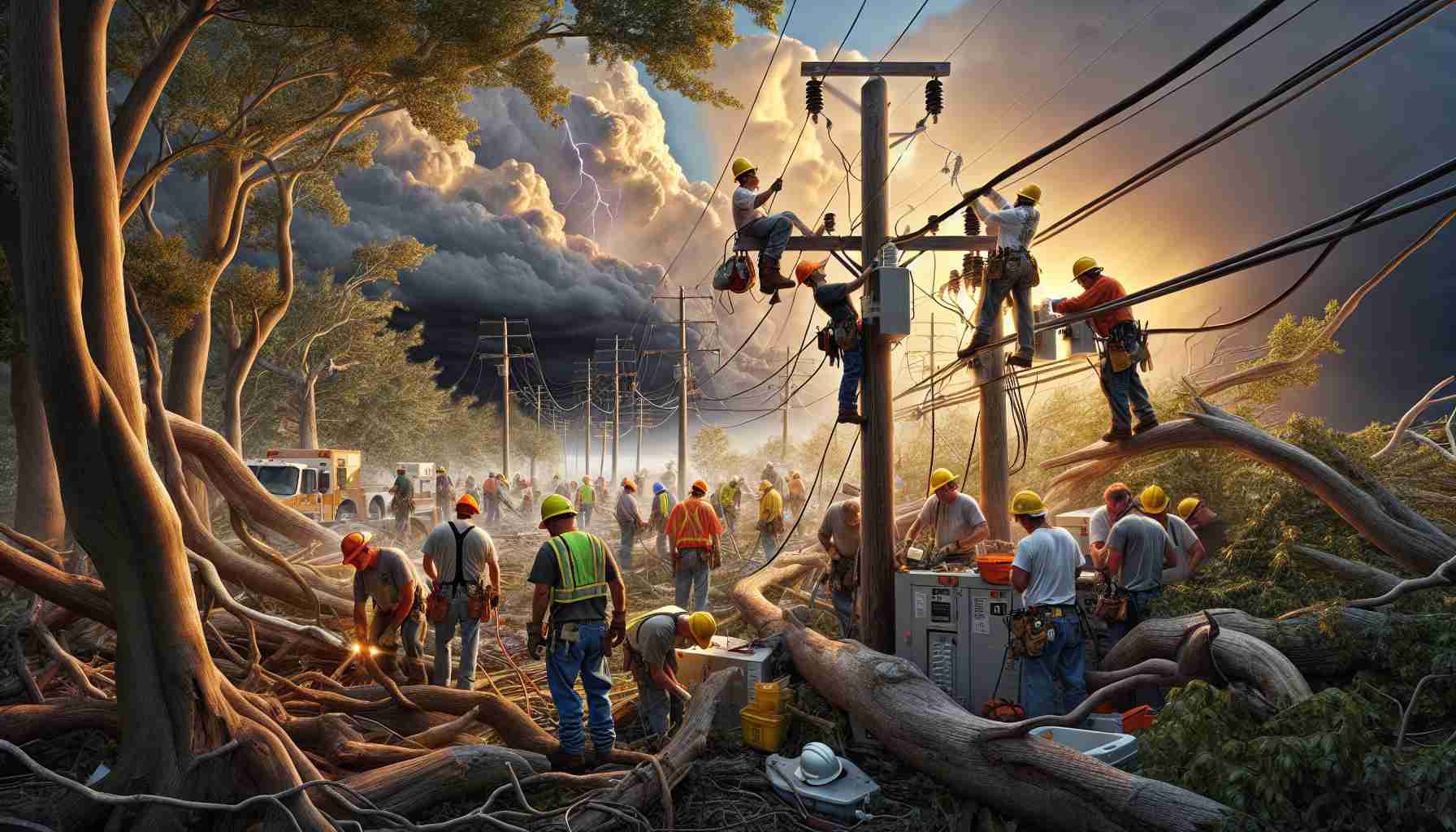 A highly detailed and realistic photograph depicting the efforts to restore power subsequent to severe weather conditions. The scene displays a group of dedicated utility workers, male and female, from different descents such as Caucasian, Hispanic, and Middle-Eastern, busily working on impaired power lines. Their hardhats and safety gear stand out against a background of tree branches and debris scattered by heavy winds. In the distance, formidable clouds hint at the recently passed storm, while the setting sun adds a golden hue to the scene, symbolizing the promise of restored electricity and normalcy.