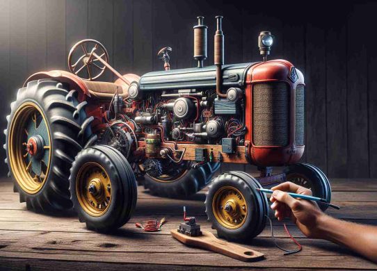 Create a high-definition, realistic image of an old traditional tractor being transformed into a modern, electric wonder. The vintage tractor should retain its original charm, with signs of wear and tear from years of hard work in the agricultural fields. The electric modifications can include being fitted with sleek electric components such as batteries and electric motors. Pay attention to the minute details such as wiring and placement of electrical components without compromising the rustic aesthetic of the vintage tractor.