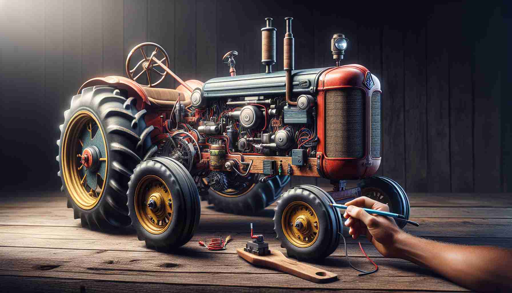 Create a high-definition, realistic image of an old traditional tractor being transformed into a modern, electric wonder. The vintage tractor should retain its original charm, with signs of wear and tear from years of hard work in the agricultural fields. The electric modifications can include being fitted with sleek electric components such as batteries and electric motors. Pay attention to the minute details such as wiring and placement of electrical components without compromising the rustic aesthetic of the vintage tractor.