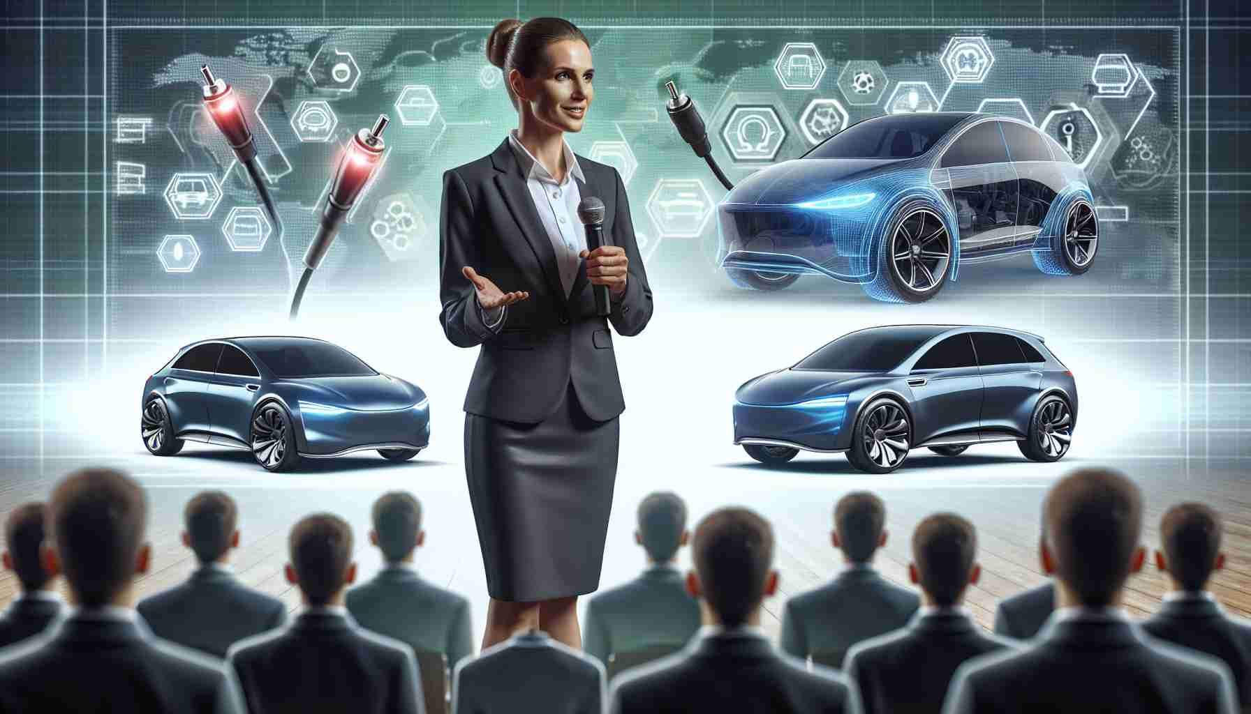 A realistic high-definition image depicting the transition from gas to electric power in the automotive industry. The focus should be on a female politician advocating for this switch, with several concept designs of electric cars in the background to symbolize the emerging future of transportation. The politician should have a confident demeanor, delivering an influential speech to an attentive audience.