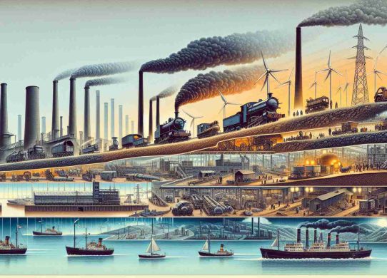 Illustrate a detailed sequential depiction of the evolution of energy generation in Britain, set in a horizontal timeline format. Begin with the Industrial Revolution, with steam engines and coal mines dominating the scene. Transition to a mid-20th century setting, with the appearance of oil, gas and nuclear power stations. The final scene should highlight modern renewable energy sources, with wind turbines, solar panels, and hydroelectric dams. Make sure to emphasize the scale and material details in each era to give the artwork a realistic, HD quality.