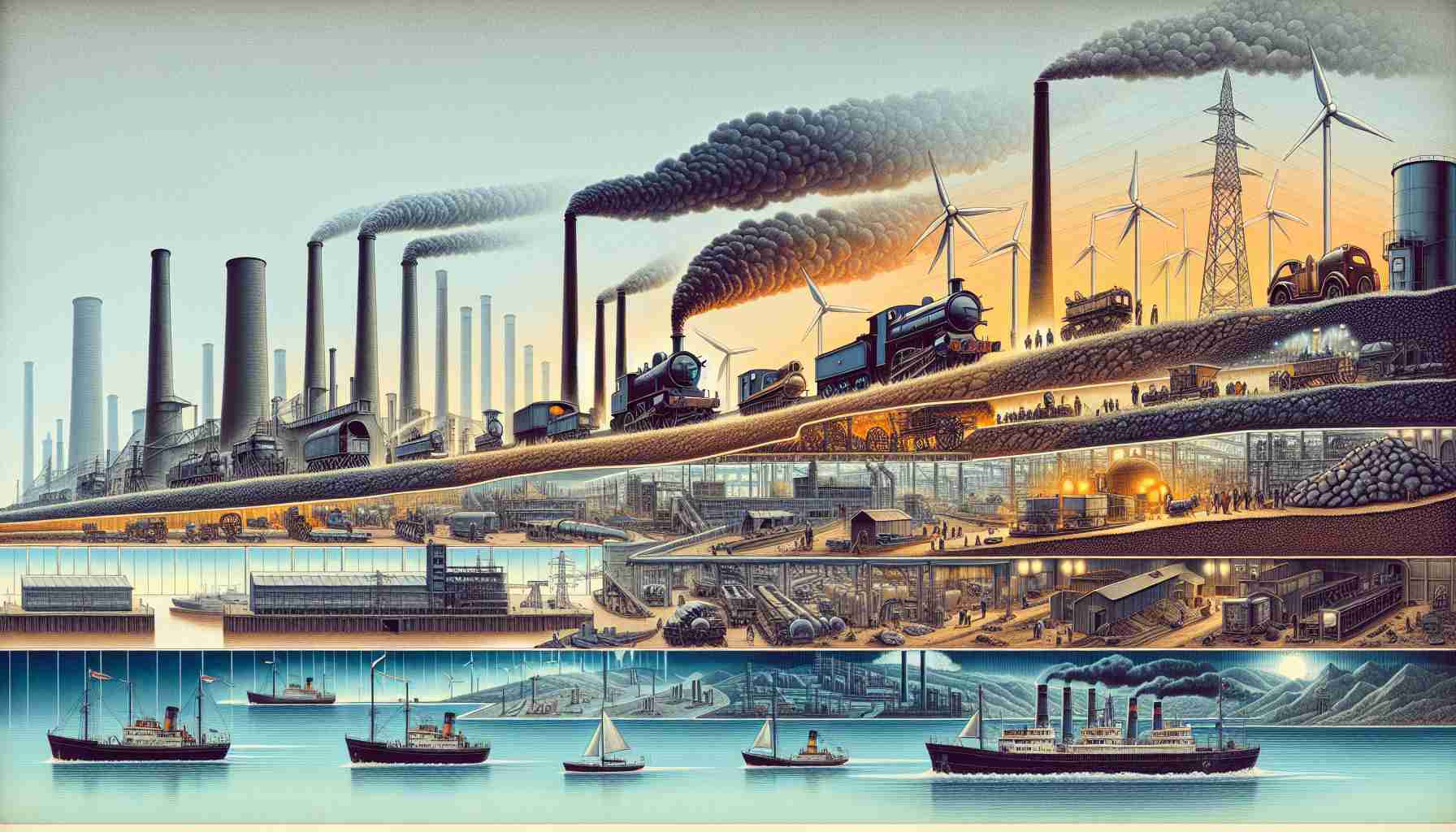 Illustrate a detailed sequential depiction of the evolution of energy generation in Britain, set in a horizontal timeline format. Begin with the Industrial Revolution, with steam engines and coal mines dominating the scene. Transition to a mid-20th century setting, with the appearance of oil, gas and nuclear power stations. The final scene should highlight modern renewable energy sources, with wind turbines, solar panels, and hydroelectric dams. Make sure to emphasize the scale and material details in each era to give the artwork a realistic, HD quality.