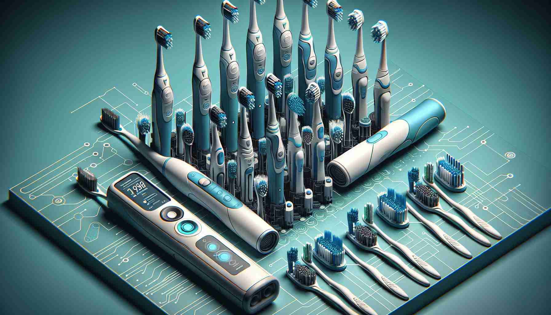 Detailed portrayal of revolutionary, high-tech toothbrushes arranged in an aesthetically pleasing manner to suggest an innovation in oral care routine. Imagine these brushes packed with advanced features like timers, pressure sensors and rotating heads. The image should be in HD quality, conveying a sense of realism. The palette could include soft blues and whites for a clean dental vibe.