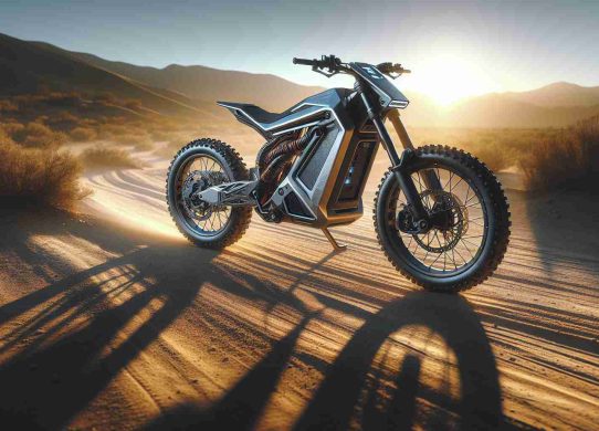 Generate an image that showcases a futuristic and modern off-road trail bike. This trail bike is a revolutionary change in off-road adventure, bringing a new experience to the riders with its incorporation of electric technology. The bike is designed with state-of-the-art features, basking in the elegance of innovation. The bike has a rugged feel, yet sleek design, suitable for rough terrains. The detail of the construction gives a realistic HD look to the image, reflecting on the trail conditions with dirt and rocks around. The sun sets in the background casting elongating shadows of the bike on the trail.