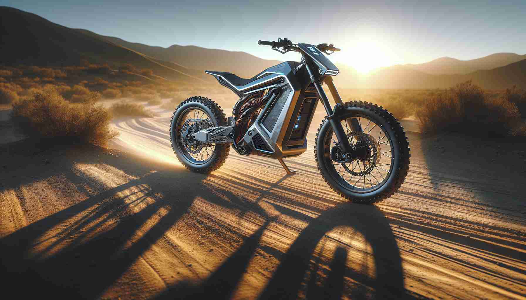 Generate an image that showcases a futuristic and modern off-road trail bike. This trail bike is a revolutionary change in off-road adventure, bringing a new experience to the riders with its incorporation of electric technology. The bike is designed with state-of-the-art features, basking in the elegance of innovation. The bike has a rugged feel, yet sleek design, suitable for rough terrains. The detail of the construction gives a realistic HD look to the image, reflecting on the trail conditions with dirt and rocks around. The sun sets in the background casting elongating shadows of the bike on the trail.