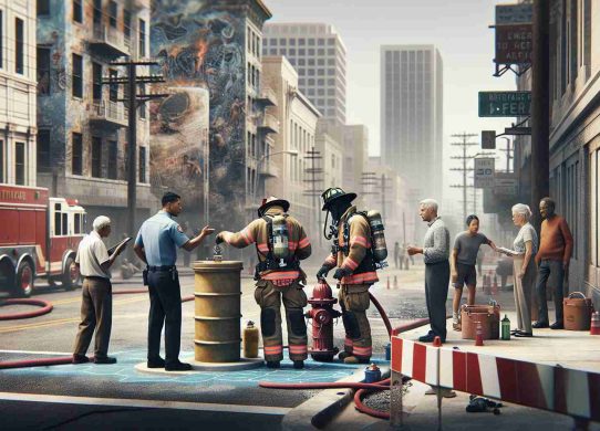 Realistic high-definition image showing the new fire safety measures that have been put in place in the wake of a previous incident in a coastal town. The image depicts multiple, diverse people working together to ensure fire safety. Include a Hispanic female firefighter inspecting a hydrant, a Black male officer directing traffic around safety barriers, a South Asian female discussing the situation with a Middle-Eastern male onlooker, and elderly Caucasian folks watching the preparation from a respectful distance. Faded remains of the previous incident subtly visible in the background, serving as a reminder of the event's past.