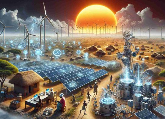 An HD image portraying the technologically innovative response to energy scarcity in Zambia. The scene can contain a diverse and dynamic landscape dotted with modern, sustainable energy sources like sun-powered solar panels and wind turbines. Contrast this scene with unpowered villages in the background, encircled by the radiant African sun sinking beneath the horizon, to highlight the disparity. Include Zambian people of varying genders and descents working together, operating cutting-edge devices and machinery. The image should have an overall emphasis on resilience in the face of adversity, underpinned by the spirit of innovation.