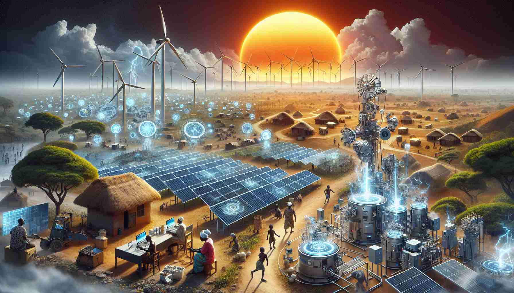 An HD image portraying the technologically innovative response to energy scarcity in Zambia. The scene can contain a diverse and dynamic landscape dotted with modern, sustainable energy sources like sun-powered solar panels and wind turbines. Contrast this scene with unpowered villages in the background, encircled by the radiant African sun sinking beneath the horizon, to highlight the disparity. Include Zambian people of varying genders and descents working together, operating cutting-edge devices and machinery. The image should have an overall emphasis on resilience in the face of adversity, underpinned by the spirit of innovation.