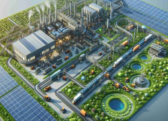 A high-definition, realistic image depicting an innovative approach to sustainable transport in the manufacturing sector. Perhaps convey a broad image of an eco-friendly factory complete with greenery and solar panels, focusing on a sophisticated, automated transportation system reducing carbon emissions. The system could be designed to move products efficiently inside the factory, cutting down on energy waste. Include a mix of genders and all descents engaging in different duties, from operating machinery to overseeing operations, symbolic of a diversified workforce.