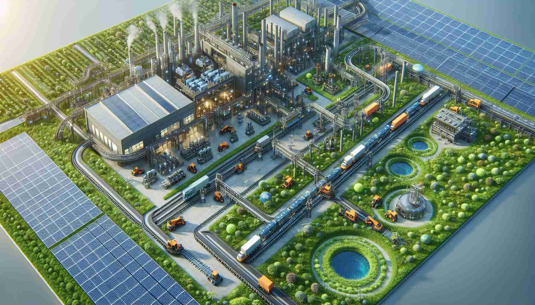 A high-definition, realistic image depicting an innovative approach to sustainable transport in the manufacturing sector. Perhaps convey a broad image of an eco-friendly factory complete with greenery and solar panels, focusing on a sophisticated, automated transportation system reducing carbon emissions. The system could be designed to move products efficiently inside the factory, cutting down on energy waste. Include a mix of genders and all descents engaging in different duties, from operating machinery to overseeing operations, symbolic of a diversified workforce.