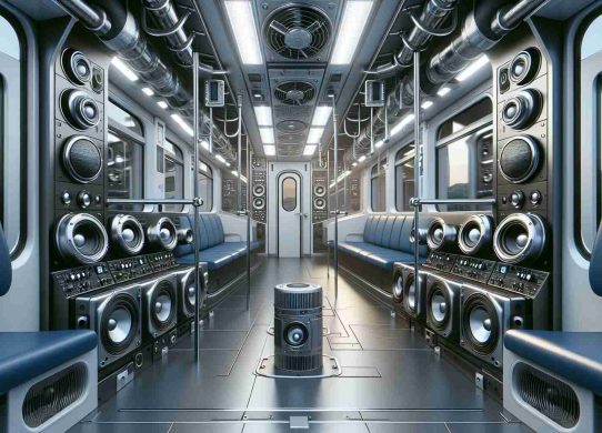 Realistic, high-definition image showcasing innovative sound technology in electric trains. The scene should depict the train's cabin filled with ultra-modern, sleek machinery dedicated to producing quality sound. There can also be a view of the speakers integrated into the walls or ceiling, showing a mix of both miniature and larger sizes for balanced audio dispersion. The ambiance must resonate with technological sophistication, and detailing should provide clues to its state-of-the-art capabilities, emphasizing a futuristic approach to travel where every ride immerses passengers in a world of high fidelity sound.