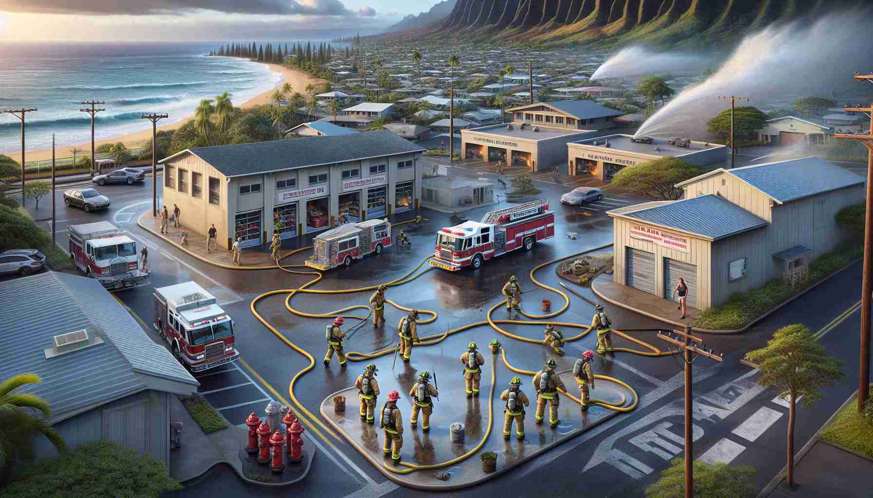 A highly detailed and realistic image that depicts the new fire safety measures that have been implemented in the town of Lahaina following a recent devastating blaze. This could include advanced firefighting equipment, clear evacuation routes, strategic placement of fire hydrants, and enhanced fire-station facilities. In the foreground, there should be dedicated individuals (firefighters of all descents and both genders) conducting a drill. The picture should capture the town's deep commitment to preventing future fires and ensuring the safety of its residents.