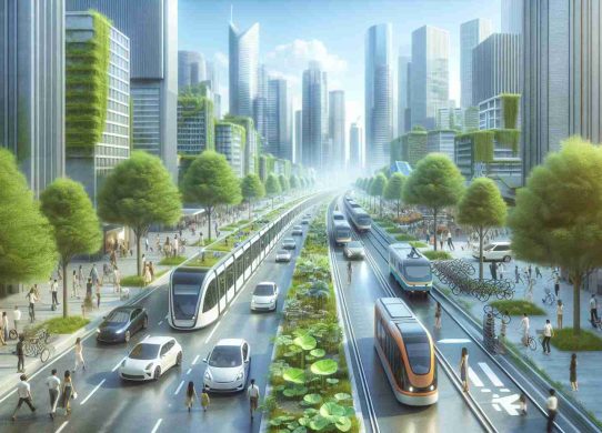 A realistic, high-definition depiction of the transportation industry being revolutionized through sustainable innovation. This should represent an image with innovative and eco-friendly vehicles, such as electric cars, solar-powered trains, and bicycles. The scene should show vibrant city streets filled with these sustainable transport methods, with distinctively green trees and plants sprouting throughout. Include pedestrians of various descents and genders, appreciative and amazed at the transformation, with clear skies hinting at a decrease in pollution. The innovation should feel transformative yet harmonious with nature.