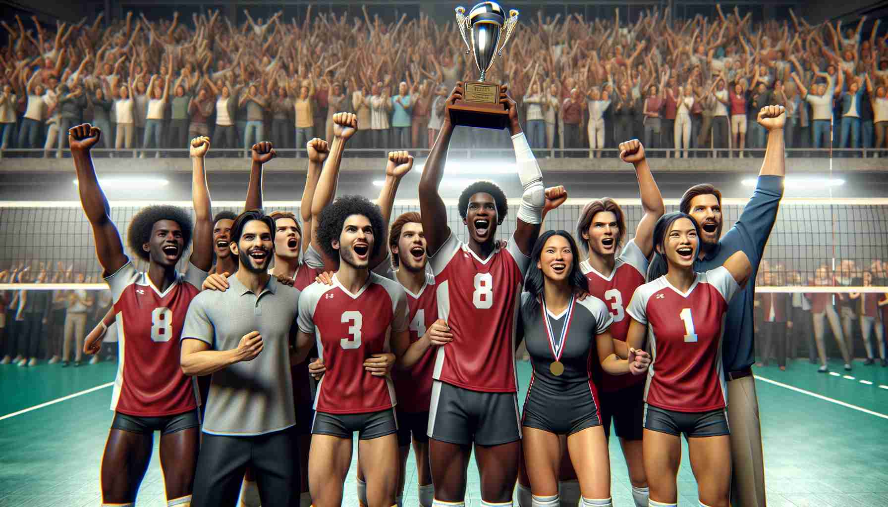 Realistic high-definition image of a high school volleyball team from Ruston celebrating a historic victory in an intense match. The players, a diverse group consisting of Hispanic, Black, Caucasian and Middle-Eastern individuals both male and female, are jubilant and proudly hoist their trophy in the air. The crowd in the background is a blur of cheering fans. Their coach, an Asian woman, is also seen in the picture, sharing the joy with her victorious team.