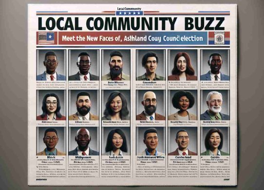 A realistic high-definition image of a fictional local community bulletin. The bulletin showcases new faces running for the elected positions at the city council in an imagined town named Ashland. This graphic includes headshots of an array of individuals from diverse descents such as Black, Caucasian, Hispanic, Middle-Eastern, South Asian, and White. Each individual is presented with their respective name and position they're contending for. The title of the bulletin reads 'Local Community Buzz: Meet the New Faces of the Ashland City Council Election'.