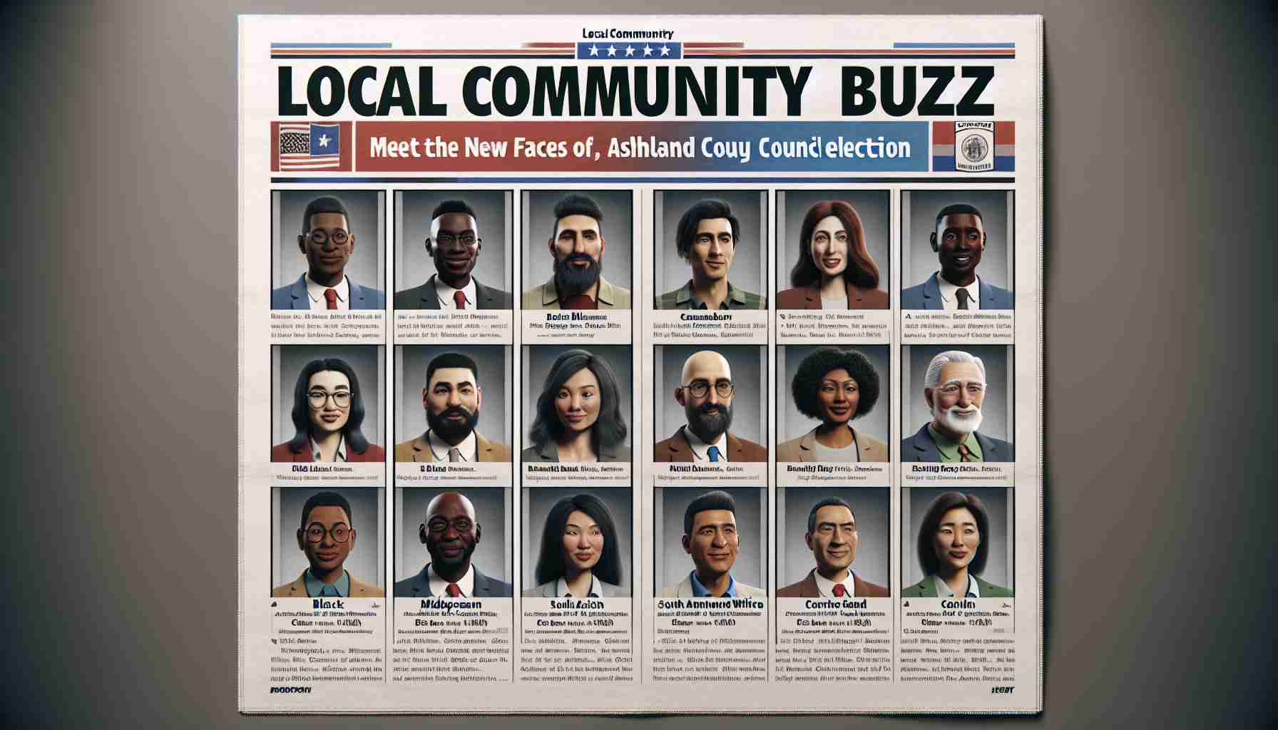 A realistic high-definition image of a fictional local community bulletin. The bulletin showcases new faces running for the elected positions at the city council in an imagined town named Ashland. This graphic includes headshots of an array of individuals from diverse descents such as Black, Caucasian, Hispanic, Middle-Eastern, South Asian, and White. Each individual is presented with their respective name and position they're contending for. The title of the bulletin reads 'Local Community Buzz: Meet the New Faces of the Ashland City Council Election'.