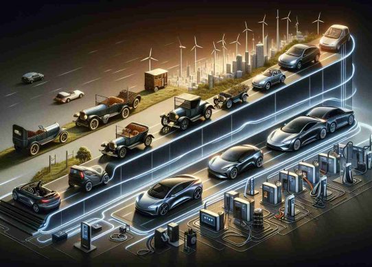 A detailed and realistic high-definition image showcasing the evolution of electric vehicle manufacturing. The image should depict a timeline highlighting key milestones in this industry. On one side, depict early convertibles with battery packs added as an afterthought, showcasing rudimentary electric motor systems. Progressing through the timeline, illustrate more streamlined models with integrated batteries. Finally, on the other side, show sleek and modern designs indicative of the latest electrical vehicle technology. Include visual representations of improving service quality, such as superior customer support and maintenance facilities, and accelerating growth, like EV charging stations rapidly sprouting in urban and rural landscapes.