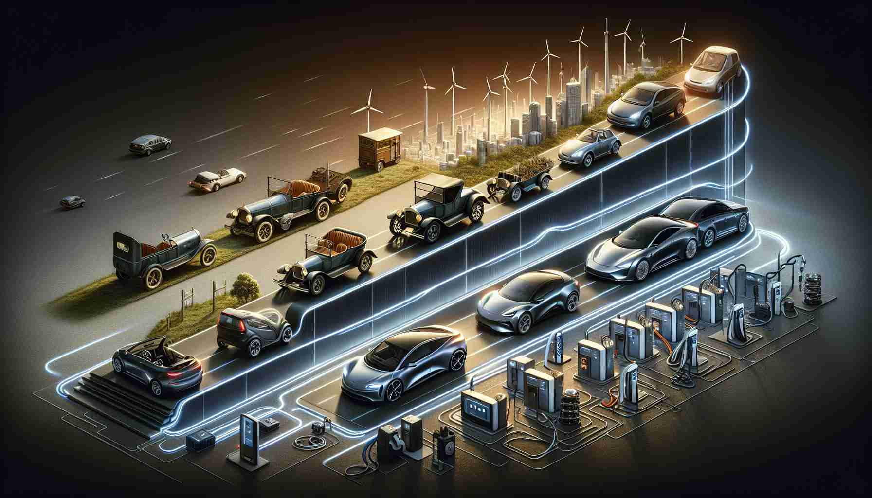 A detailed and realistic high-definition image showcasing the evolution of electric vehicle manufacturing. The image should depict a timeline highlighting key milestones in this industry. On one side, depict early convertibles with battery packs added as an afterthought, showcasing rudimentary electric motor systems. Progressing through the timeline, illustrate more streamlined models with integrated batteries. Finally, on the other side, show sleek and modern designs indicative of the latest electrical vehicle technology. Include visual representations of improving service quality, such as superior customer support and maintenance facilities, and accelerating growth, like EV charging stations rapidly sprouting in urban and rural landscapes.