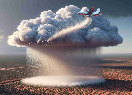 Realistically detailed, high-definition image of an innovatively designed cloud seeding execution to revolutionize rainfall. The scene features a sophisticated aircraft dispelling cloud seeding materials into a large, voluminous gray cloud. The process is resulting in the formation of droplets, illustrating the early stages of rainfall. Flecks of silver iodide, the cloud seeding material, are visible as they interact with the cloud's water vapor. Below the cloud, anticipate anticipation of expected rainfall over an arid landscape of red soil and sparse vegetation. The atmosphere teems with the subtle tension and promise of coming rainfall.