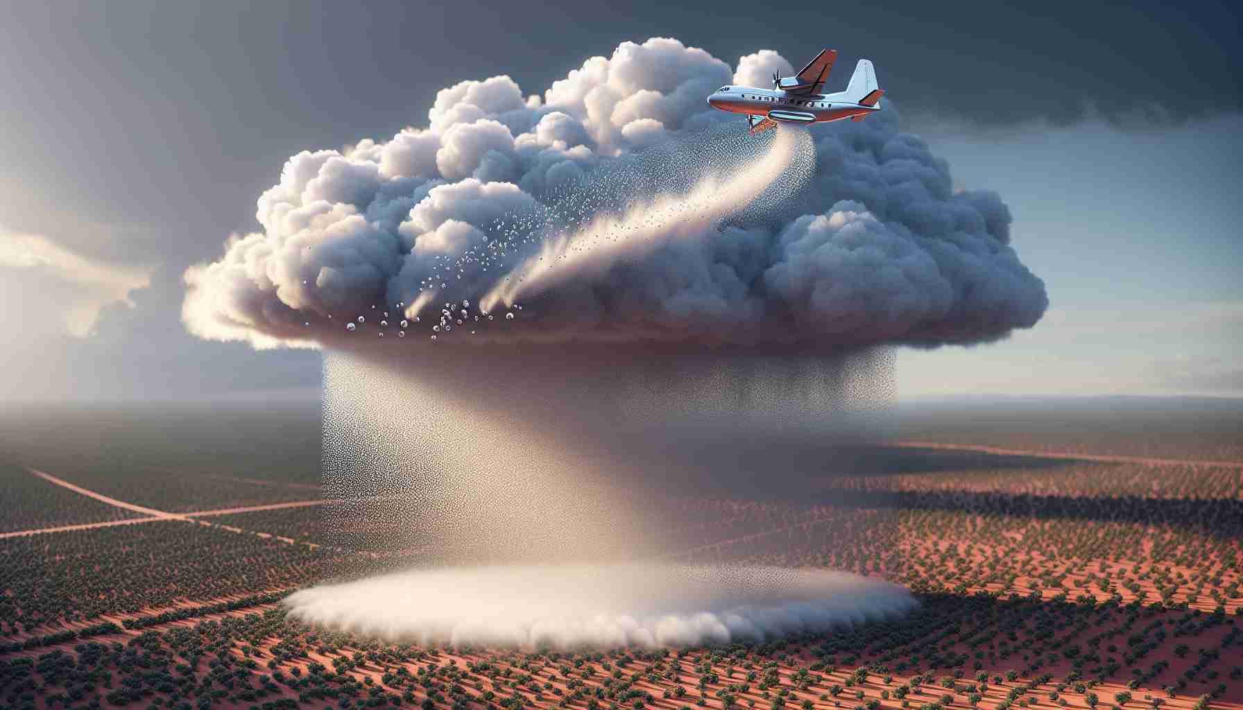 Realistically detailed, high-definition image of an innovatively designed cloud seeding execution to revolutionize rainfall. The scene features a sophisticated aircraft dispelling cloud seeding materials into a large, voluminous gray cloud. The process is resulting in the formation of droplets, illustrating the early stages of rainfall. Flecks of silver iodide, the cloud seeding material, are visible as they interact with the cloud's water vapor. Below the cloud, anticipate anticipation of expected rainfall over an arid landscape of red soil and sparse vegetation. The atmosphere teems with the subtle tension and promise of coming rainfall.