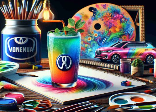 Create an image of a realistic, high-definition scene where a famous automobile company partners with a local artist to design a colorful new drink. The beverage should be vibrant and striking, showcasing the artist's unique approach to color and form. The automobile company's logo should be subtly incorporated into the beverage design. Please also include some elements that denote the collaboration such as a painting palette, paint brushes or sketches in the background.