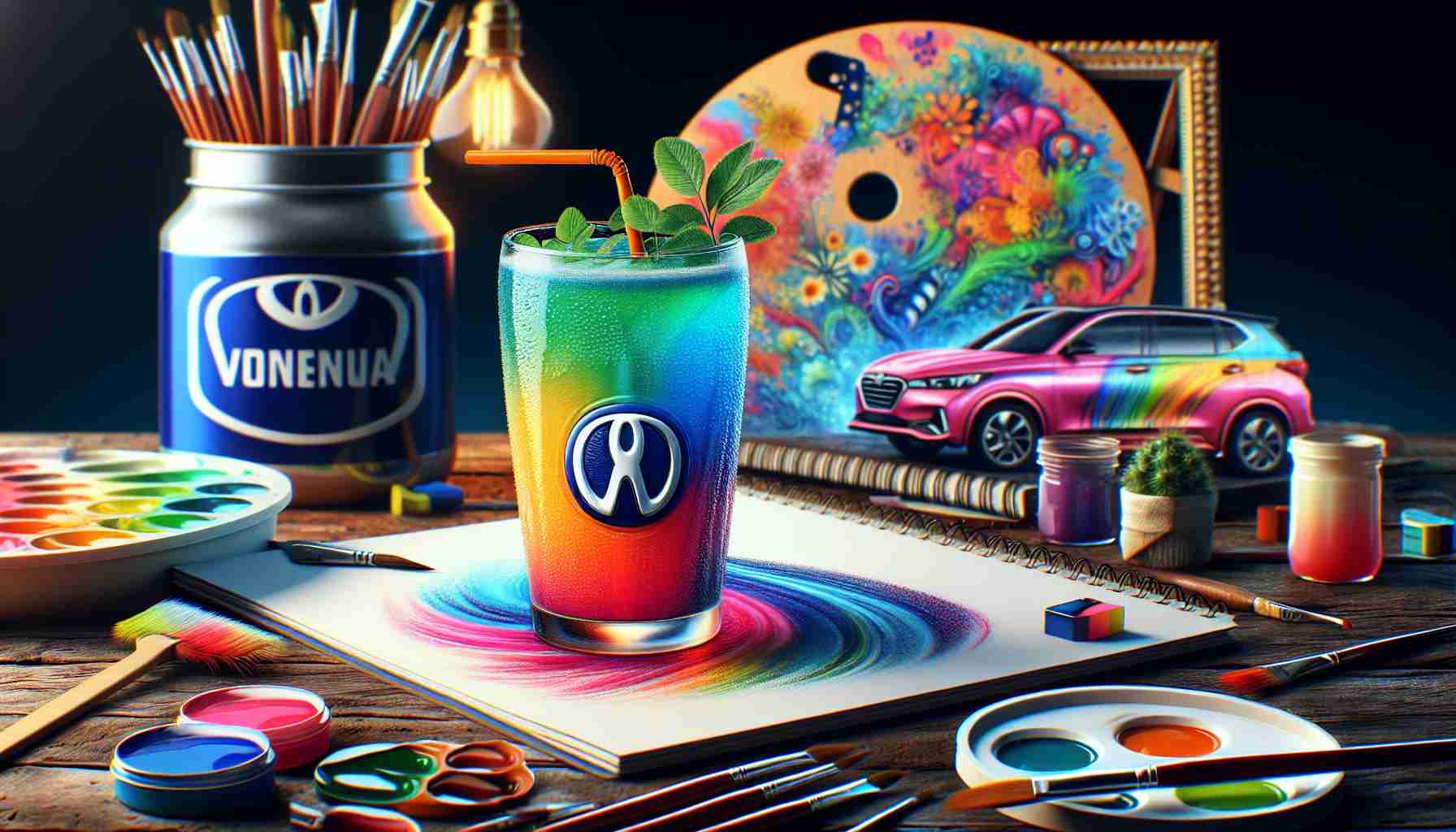 Create an image of a realistic, high-definition scene where a famous automobile company partners with a local artist to design a colorful new drink. The beverage should be vibrant and striking, showcasing the artist's unique approach to color and form. The automobile company's logo should be subtly incorporated into the beverage design. Please also include some elements that denote the collaboration such as a painting palette, paint brushes or sketches in the background.