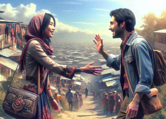 Generate a high-definition, realistic image portraying an unusual encounter leading to an unexpected reunion. This scene might include two individuals of differing descent, one being South Asian female and one being Hispanic male. These folks, having not seen each other for quite some time, randomly run into each other in an unlikely location such as amidst a bustling market or atop a secluded mountain peak. As they recognize each other, expressions of surprise transition into joyous smiles, acknowledging the serendipitous reunion.