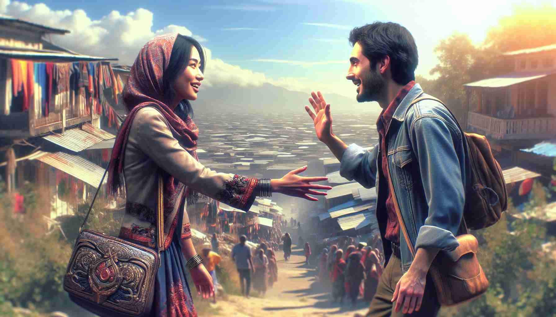 Generate a high-definition, realistic image portraying an unusual encounter leading to an unexpected reunion. This scene might include two individuals of differing descent, one being South Asian female and one being Hispanic male. These folks, having not seen each other for quite some time, randomly run into each other in an unlikely location such as amidst a bustling market or atop a secluded mountain peak. As they recognize each other, expressions of surprise transition into joyous smiles, acknowledging the serendipitous reunion.