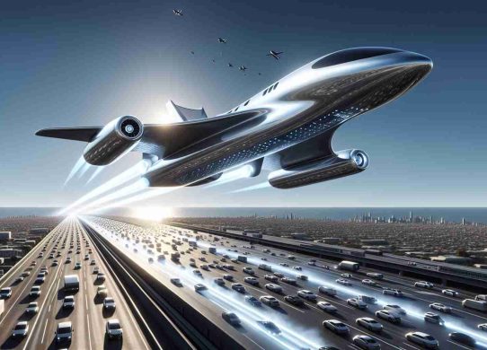 Visualize a highly realistic and high-definition image representing the future of transport. Imagine a modern air shuttle, sleek and futuristic in design. The air shuttle is soaring effortlessly across the clear blue sky, leaving a trail of white exhaust behind. It's notable for its streamlined shape, radar-evading curves, and gleaming metallic body. Eco-friendliness is also emphasized with the use solar-powered technology visible on its wings. Below it, provide a stark contrast with the current mode of transport - congested roads filled with traditional vehicles. The image should evoke a sense of innovation and progress towards a more sustainable and efficient future.